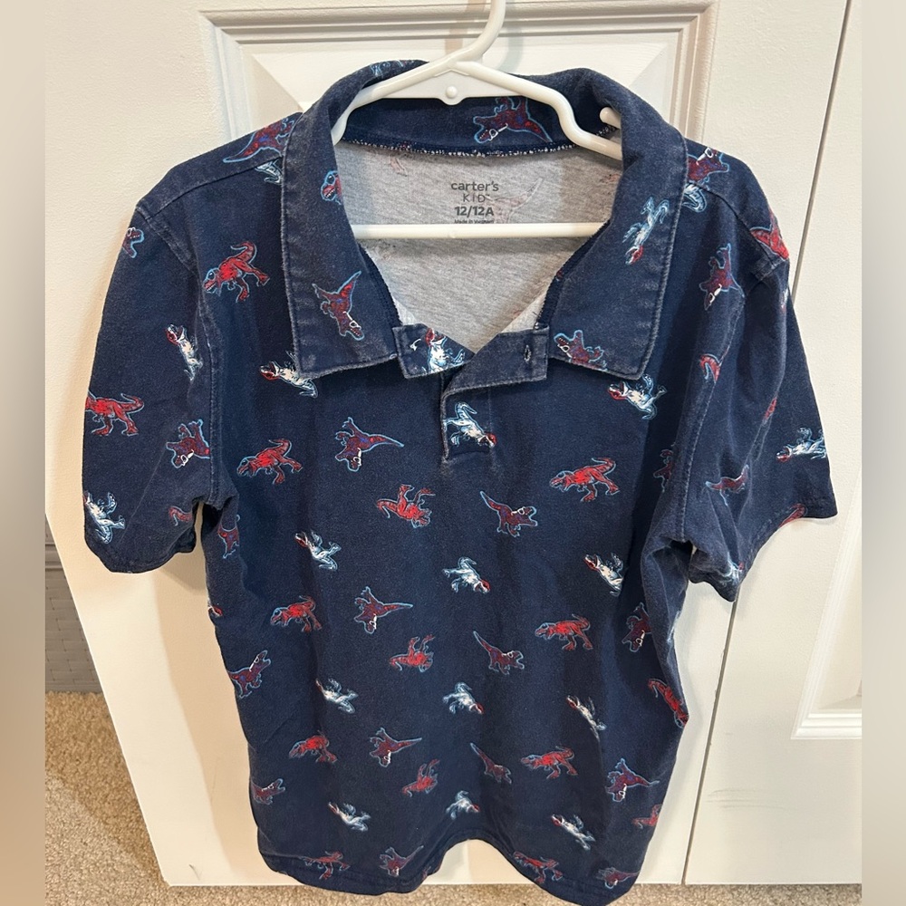 Boy’s Carter’s Dinosaur Themed Blue Red Golf Polo Shirt - Size 12